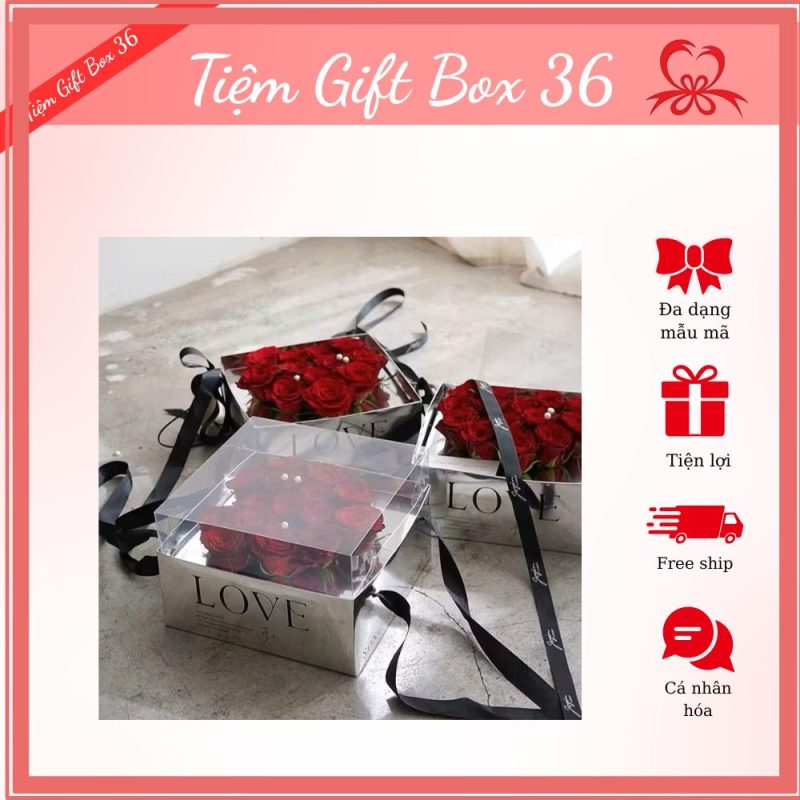 hộp quà hoa sáp vuông lõi hình trái tim